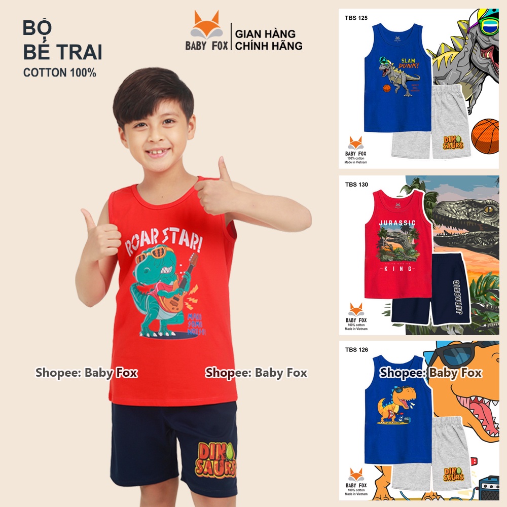 Bộ thun sát nách bé trai 100% cotton loại tốt, thương hiệu BABY FOX, hình khủng long, size 10-55 kg c