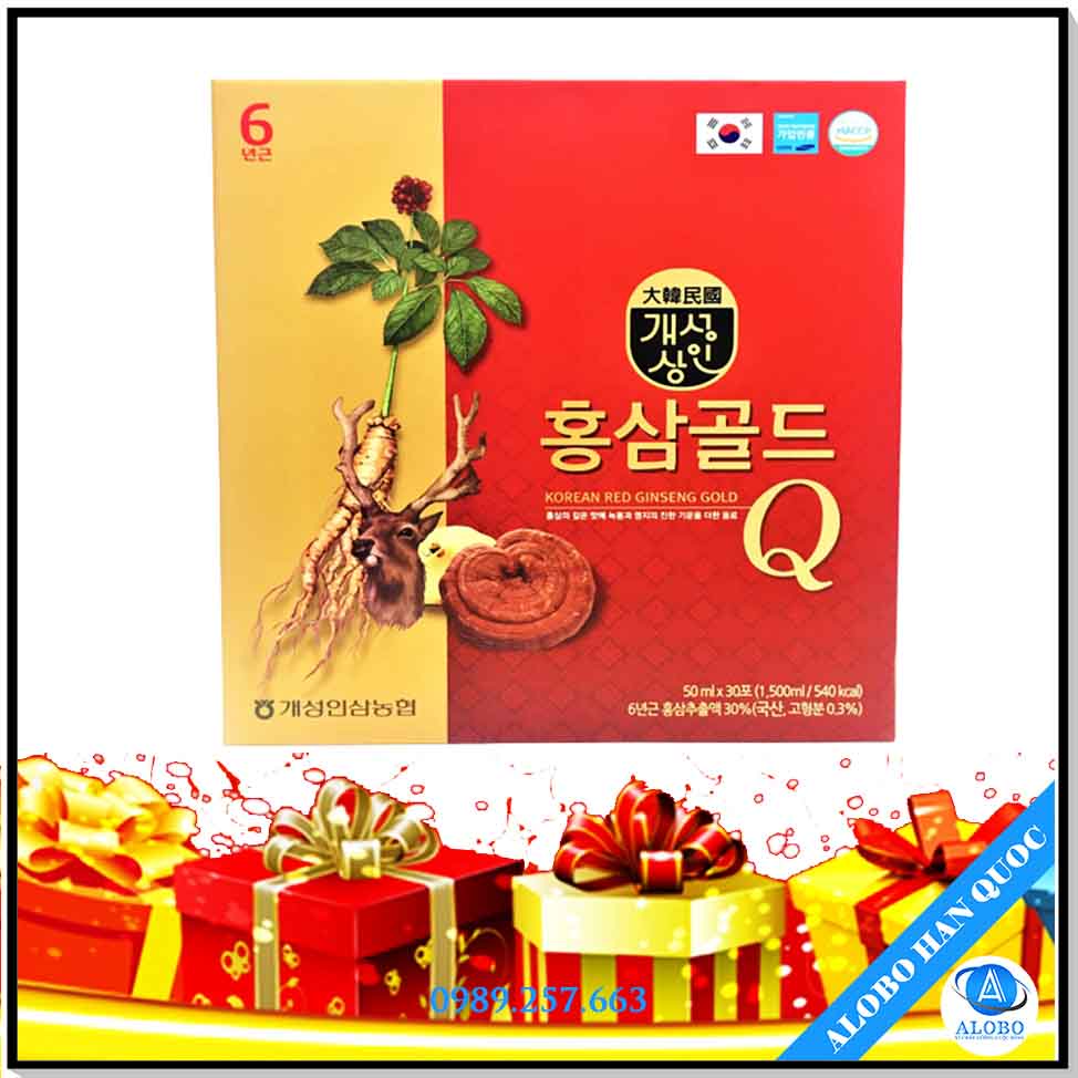 Nước Hồng sâm nhung Hươu Linh chi Hàn Quốc – Red Ginseng Gold Q - Hộp 30 gói x 50ml – ALOBO HÀN QUỐC