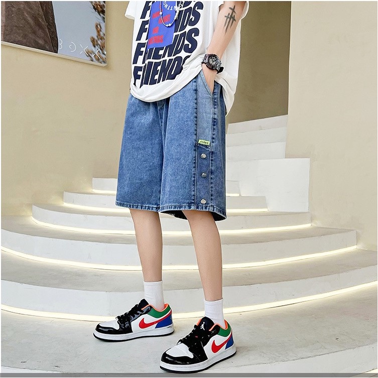 Quần short jean ống rộng nam nữ unisex lưng chun màu xanh xám khuy bấm đẹp 653 Pon.mens
