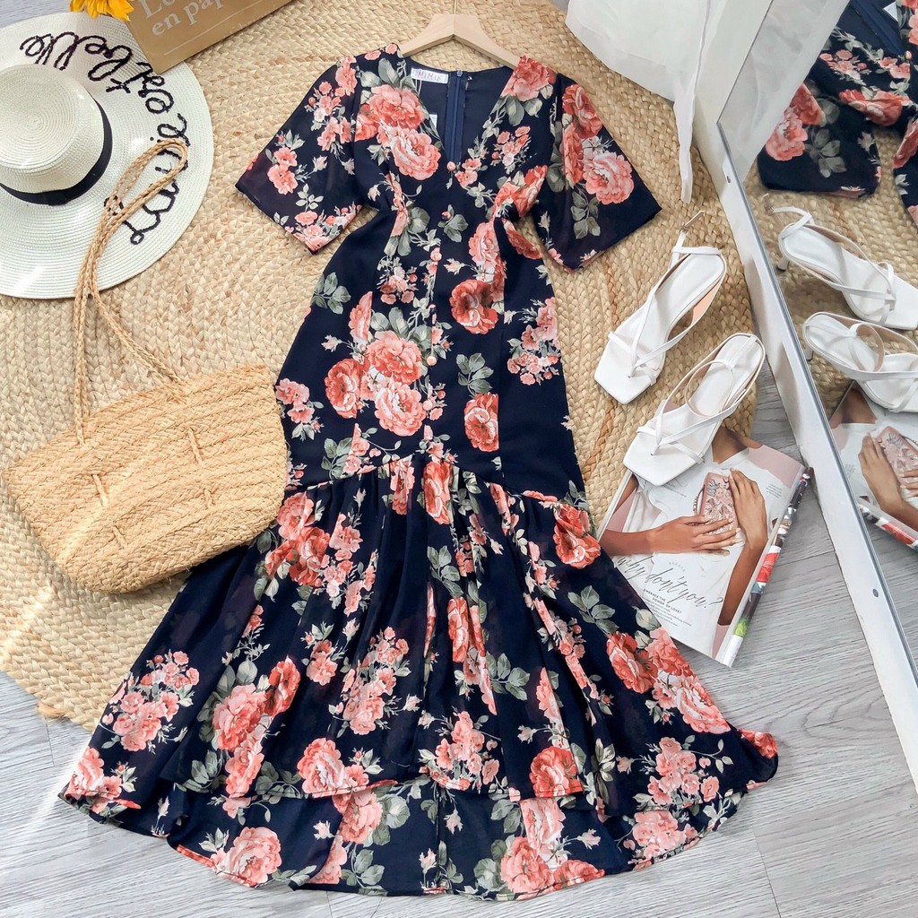 Đầm hoa đuôi cá nút bọc | BigBuy360 - bigbuy360.vn