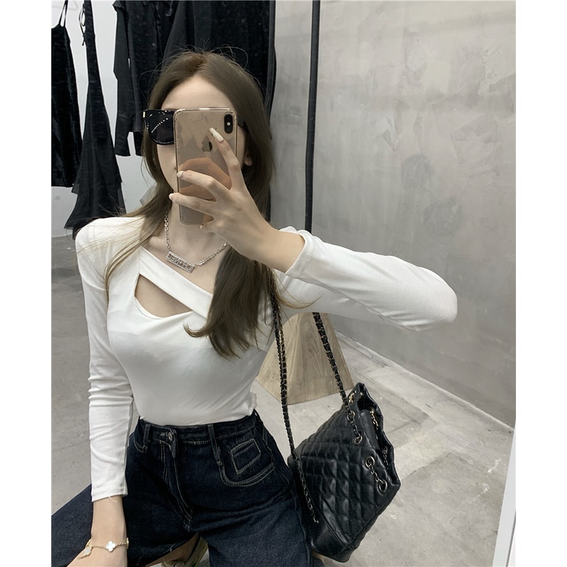 Áo thun nữ tay dài màu trơn thiết kế đơn giản gợi cảm thời trang