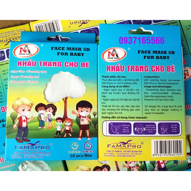 Hộp 10 cái Khẩu trang trẻ em 5D FOR BABY chính hãng FAMAPRO cho bé 2-4 tuổi