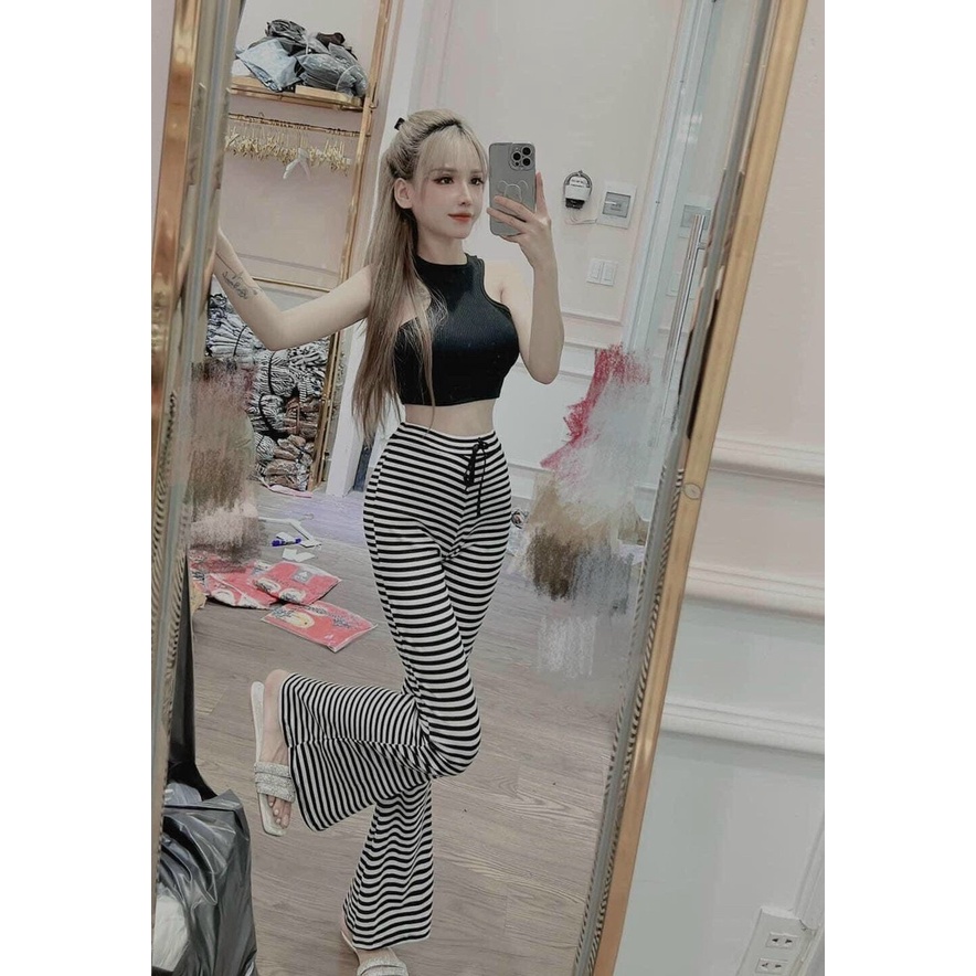 Set kiểu nữ đi chơi áo croptop ba lổ sát nách quần dài ôm loe sọc ngang cá tính MK65