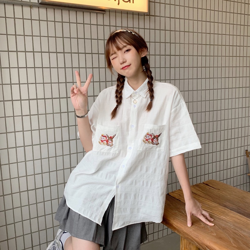 Áo sơ mi tay ngắn dáng rộng phong cách retro Pháp