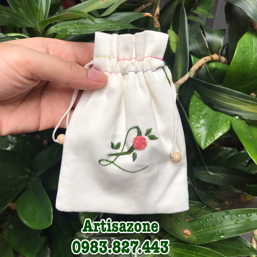 Túi vải dây rút mini thêu chữ cái - Kích thước: 11cm x 14cm- 01 chiếc (Đọc kỹ mô tả sản phẩm)