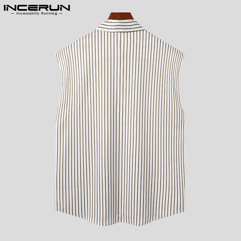 Áo sơ mi INCERUN sát nách đính nút cổ bẻ kẻ sọc thời trang cho nam