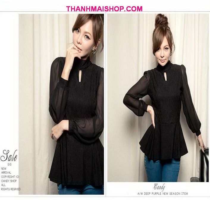 Áo thun gân xốp QA104 cổ trụ khoét giọt nước phối tay phồng voan mỏng thời trang