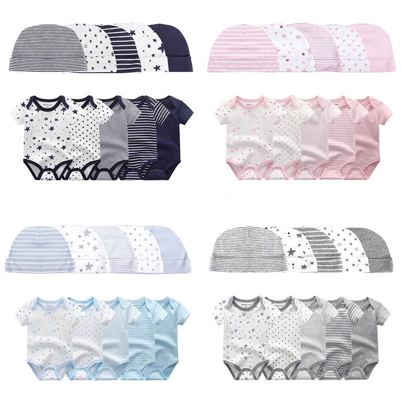 Bộ 5 bodysuit cho bé sơ sinh + Bộ 5 mũ sơ sinh bông dễ thương bộ body cho bé quần áo trẻ em sơ sinh 0 6 tháng