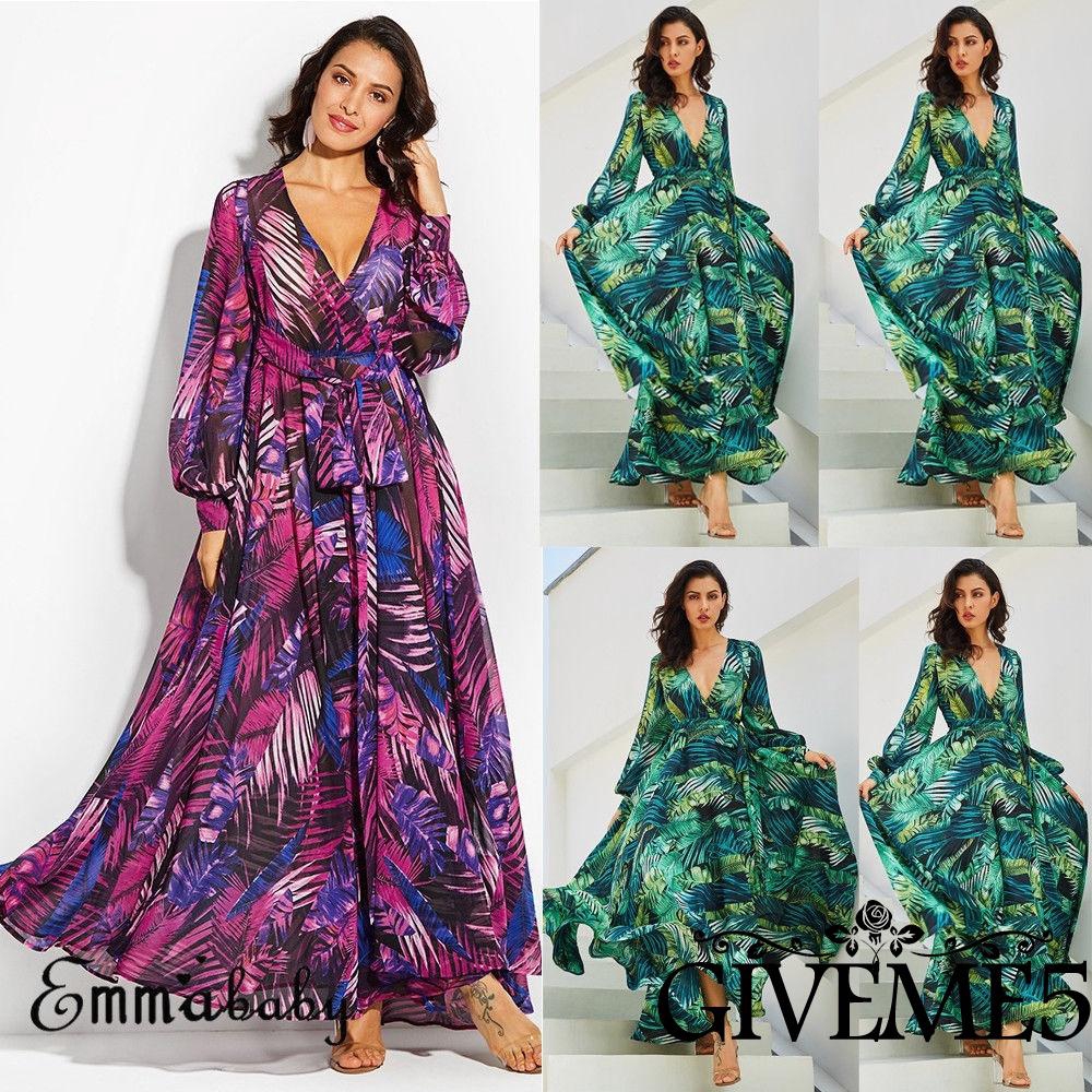 Đầm dáng rộng tay dài cổ chữ V in hoa thời trang dành cho nữ