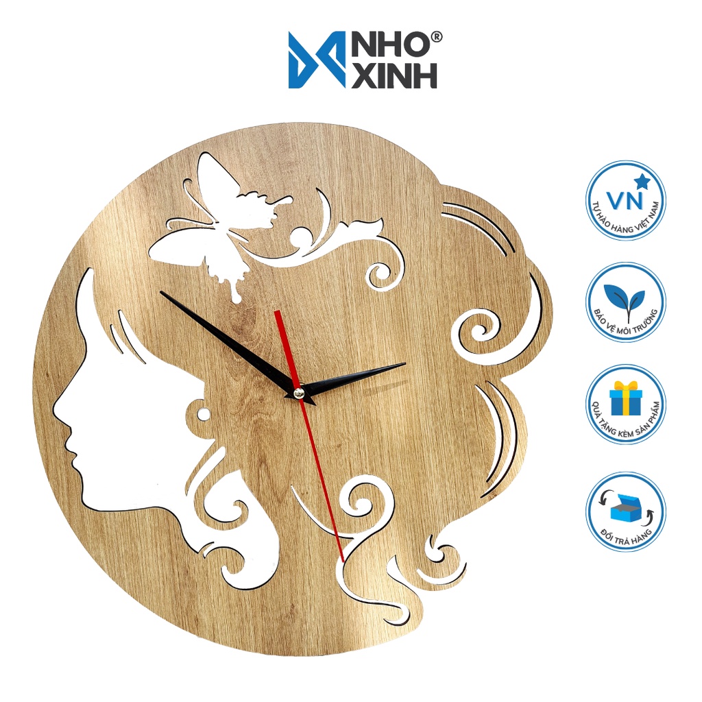 Đồng hồ gỗ treo tường khắc họa tiết trang trí hình cô gái 35cm - Nhỏ và Xinh