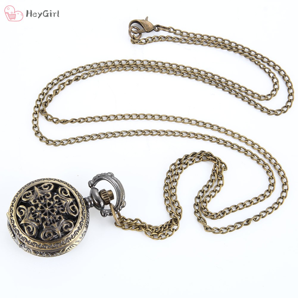 Fashion Vintage Women Pocket Watch Alloy Retro Hollow Out Flowers Pendant Clock Sweater Necklace Chain Watches Lady Gift