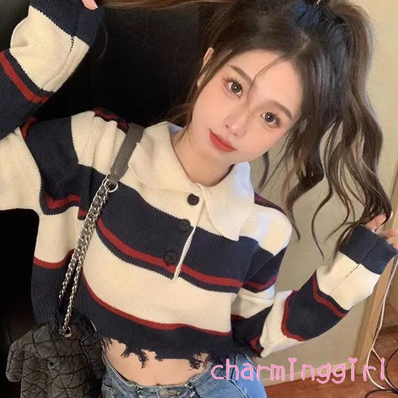 Áo Croptop Dệt Kim Tay Dài Cổ Tròn Màu Sắc Tương Phản Thời Trang Cho Nữ