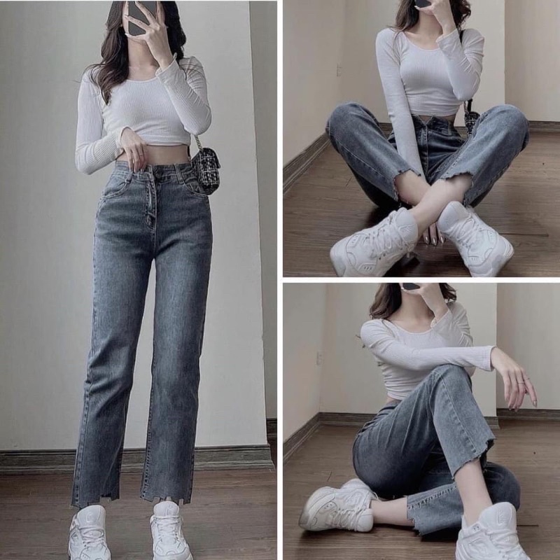 Quần bò đứng rách gấu co dãn🌸DAQUY20🌸quần JEANS rách gấu co dãn ống đứng
