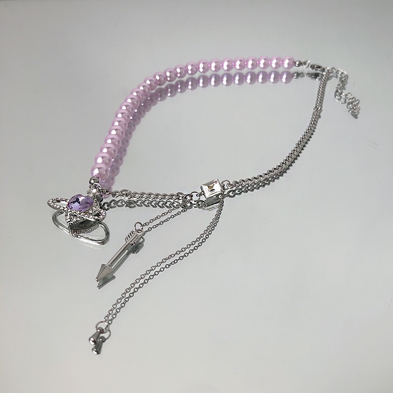 Vòng cổ gắn hạt ngọc trai tím mặt trái tim phong cách hip hop