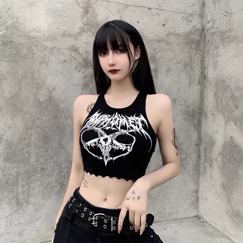 Áo Croptop 3 Lỗ Cổ U In Hình Chất Chơi Ngầu Lòi Phong Cách Gothic Punk - Chuly