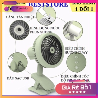 Quạt phun sương mini tích điện 3 tốc độ gió, để bàn, có kẹp bàn, quạt điều hoà hơi nước clip fan
