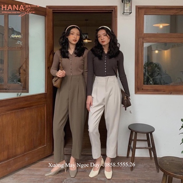Quần tây nữ cạp lưng cao liền 2 nút cài đi học có đỉa ống đứng dáng quần baggy vải cạp liền cao công sở đi học co giãn