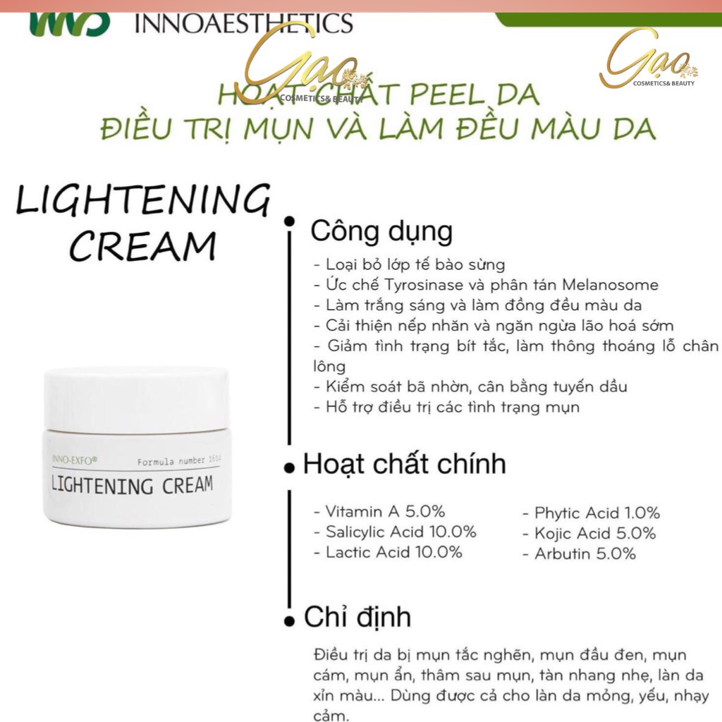 Kem peel Hoạt Chất Vitamin A 5% Innoaesthetics Inno LIGHTENING Tái Tạo Đều Màu Da Giảm Mụn Thâm Mụn (Full Sz 15g)