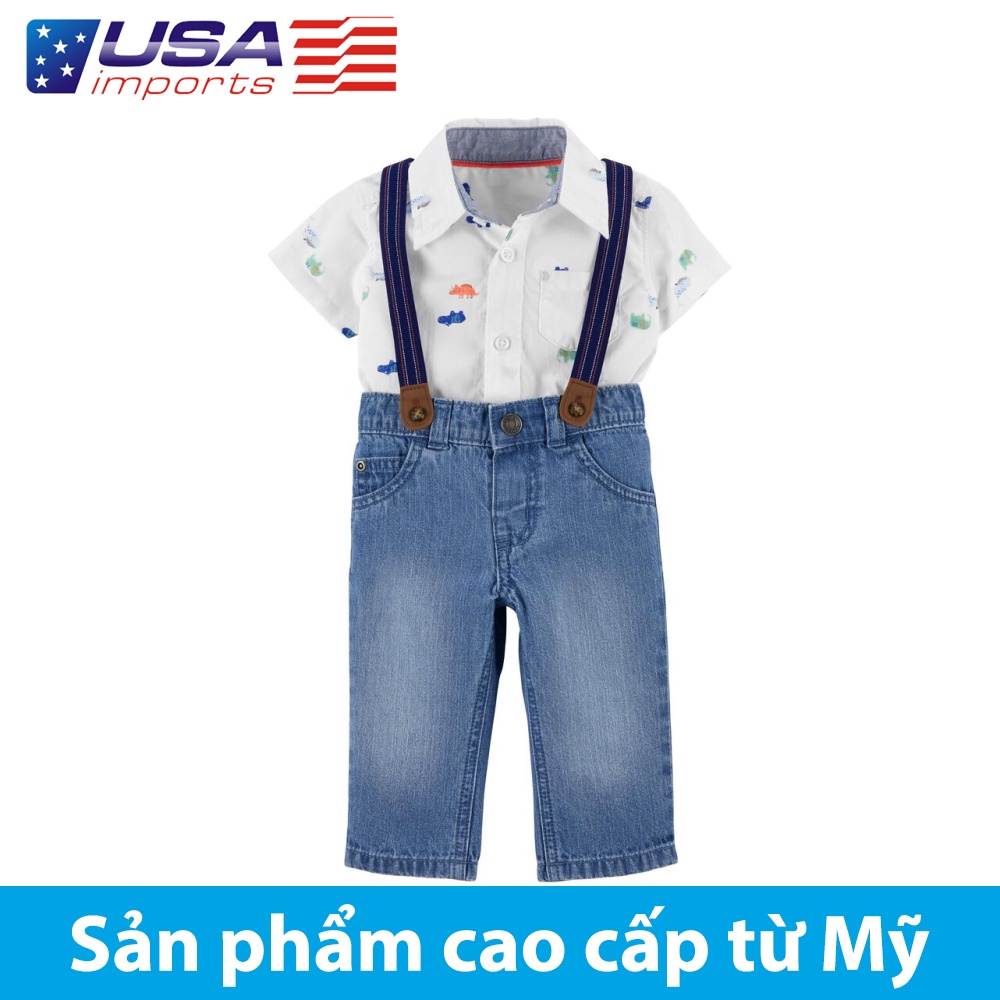 Set áo liền thân dạng tam giác sơ mi trắng hoạ tiết kèm quần dây jean Car-tờ Auth Từ Mỹ (1N058710)