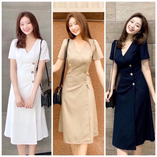 Đầm váy cổ V nút dừa 3 màu (kèm hình thật)
