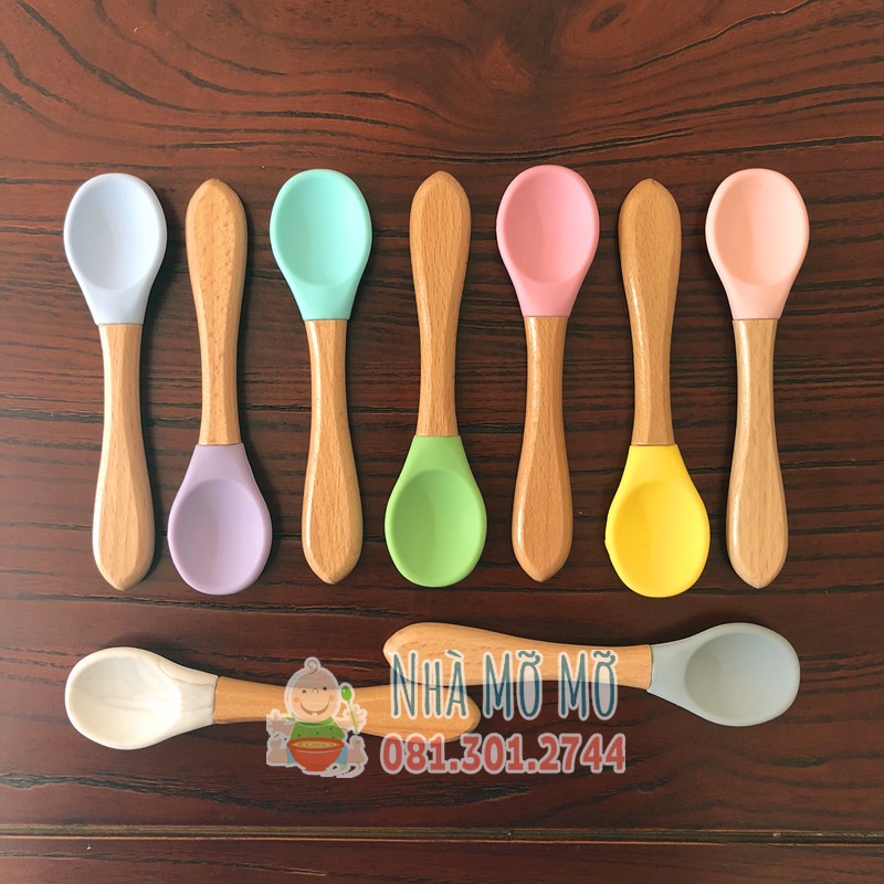 Thìa muỗng silicon cán gỗ cho bé tập múc ăn dặm giúp bé xúc cơm dễ dàng - Nhà Mỡ
