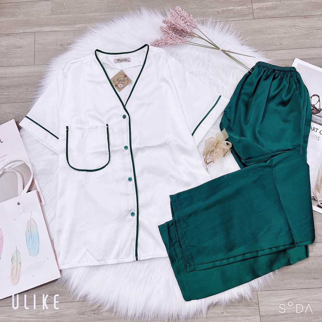 Bộ pijama lụa Latin viền màu nổi đơn giản xinh xắn