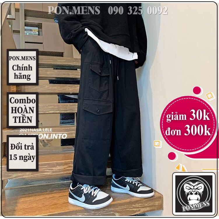 Quần ống rộng nam nữ unisex kaki túi hộp màu đen lưng chun co giãn đẹp mới e43 hà nội hcm Pon.mens