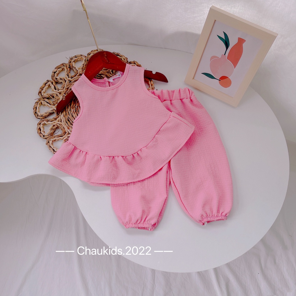 Bộ hè bé gái, bộ đũi xốp áo sát nách vạt bèo quần alibaba siêu xinh cho bé