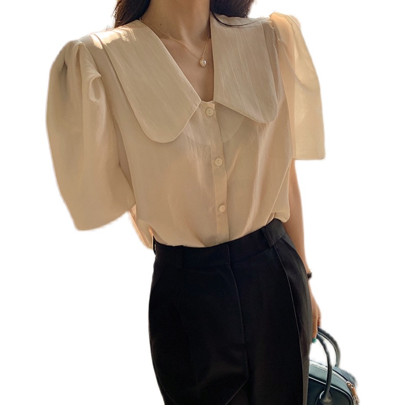 Áo Sơ Mi Tay Phồng Ngắn Cổ Chữ V Màu Trơn Phong Cách Hàn Quốc Dễ Thương Cho Nữ