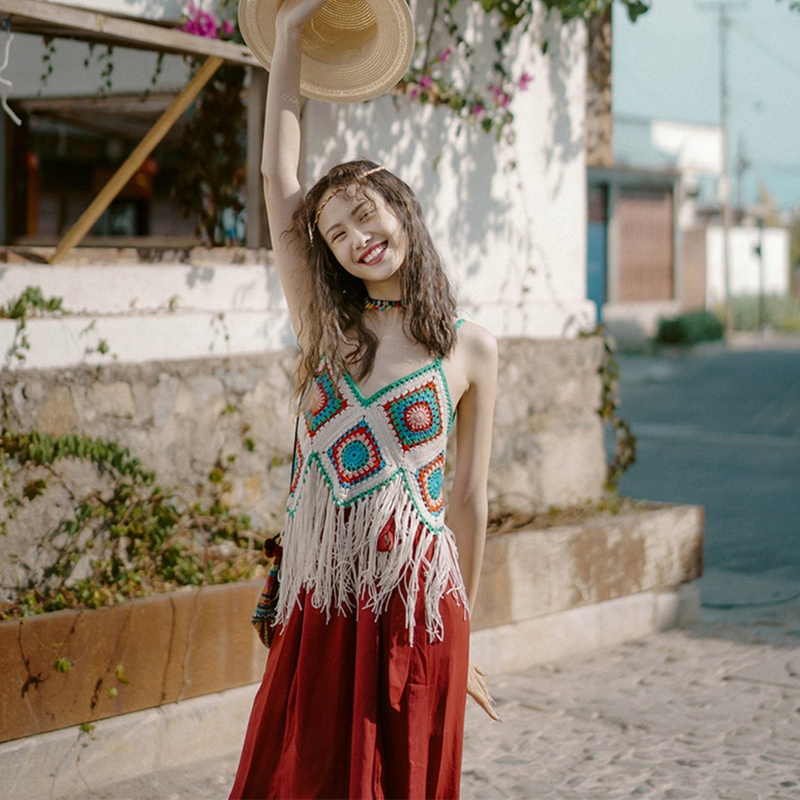 Brroa Áo Croptop Dệt Kim Hai Dây Tua Rua Viền Kim Cương Tương Phản Họa Tiết Kẻ Sọc Màu Tương Phản Phong Cách Boho Dân T