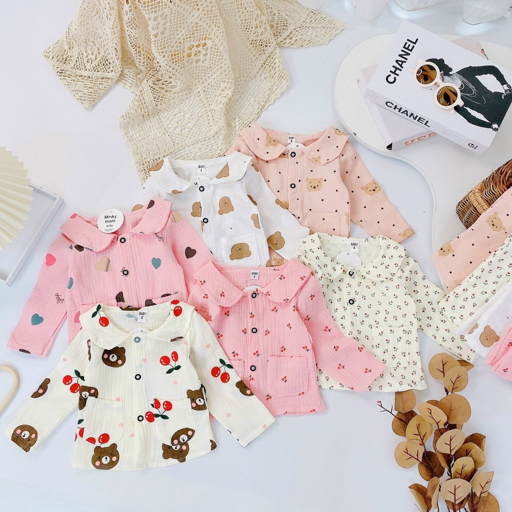 Bộ pijama dài tay bé gái chất đũi xốp