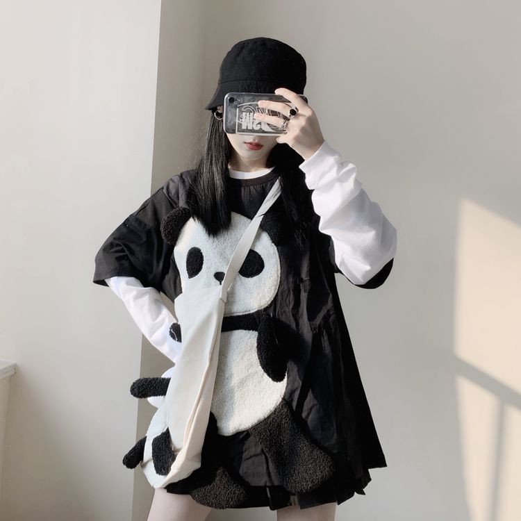Áo giả 2 mảnh nền đen tay dài trắng gấu trúc dễ thương + túi đeo gấu ulzzang