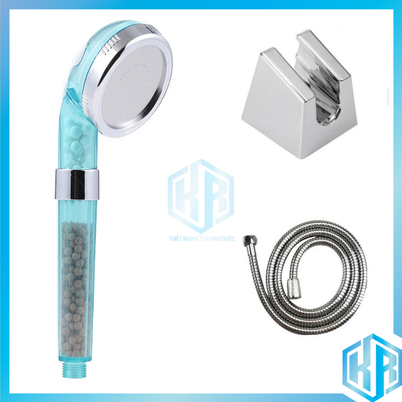 Bộ vòi hoa sen tăng áp màu xanh dương Size To có hạt Nano tiết kiệm nước đủ bộ tay sen+ dây+ gác cài - QM021
