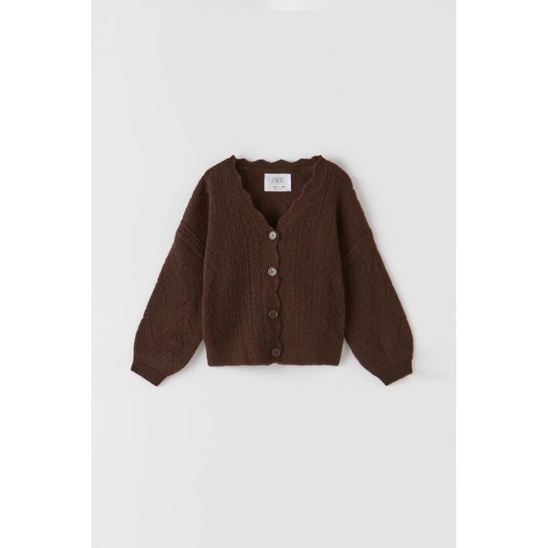 ZARA Đức - Cardigan sale auth new tag cao cấp chính hãng có sẵn kid nâu hồng tay phồng ren lỗ mềm size 11-12 13-14