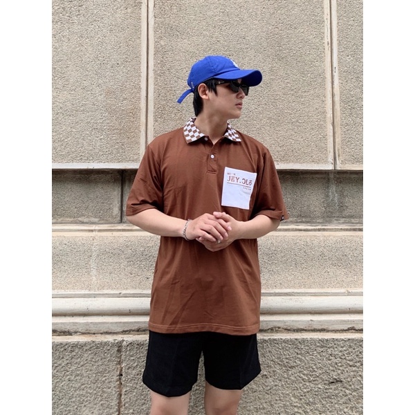 Polo Unisex phối cổ caro JAY SEASON màu NÂU form rộng  Chất thun da cá,form nam nữ unisex JayStoree2