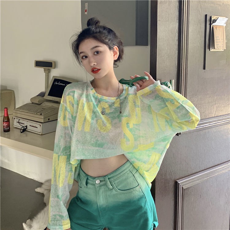 Spot sale tie-dye long-sleeved T-shirt women's clothing design niche sense of summer 2021 new sunscreen blouse loose upper clothes ins tide