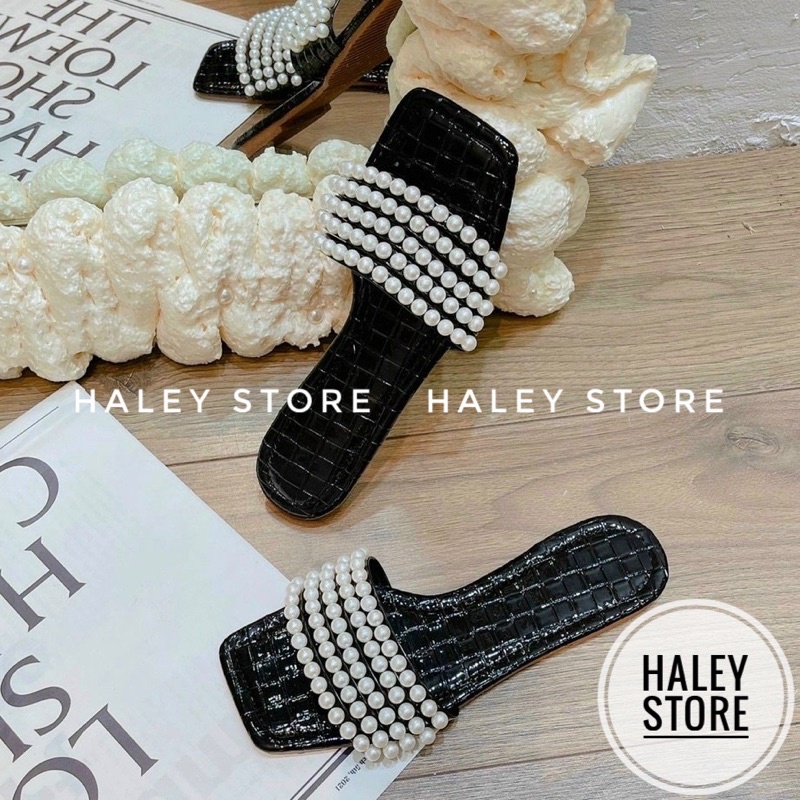 Dép lê đế bệt nữ HALEY STORE mũi vuông da bóng quai ngang đính ngọc xinh hotrend đi chơi đi biển đi trong nhà