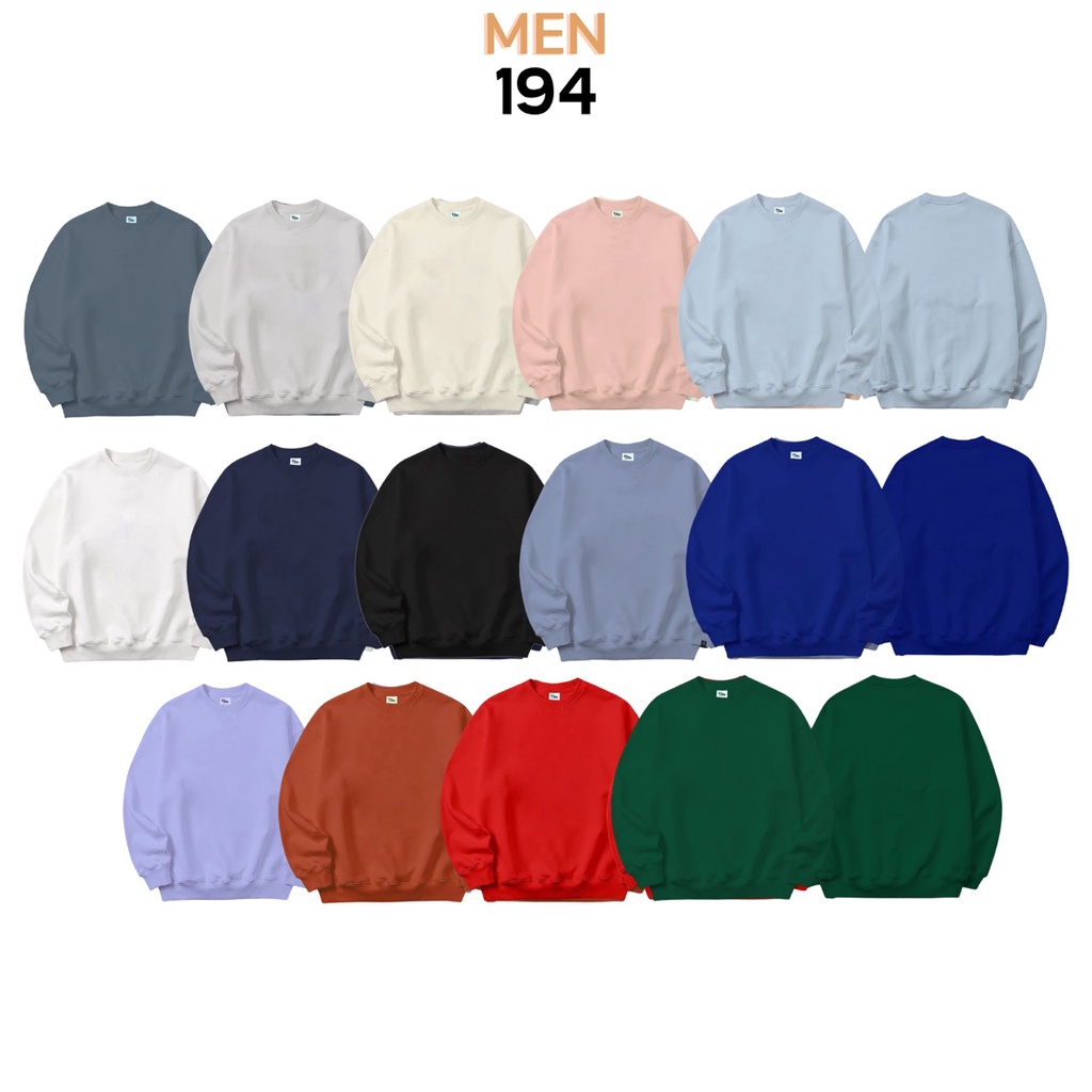 Áo sweater MEN 194 vải nỉ thu đông co dãn, dày dặn mềm mịn form rộng phong cách Unisex full màu - SW Trơn