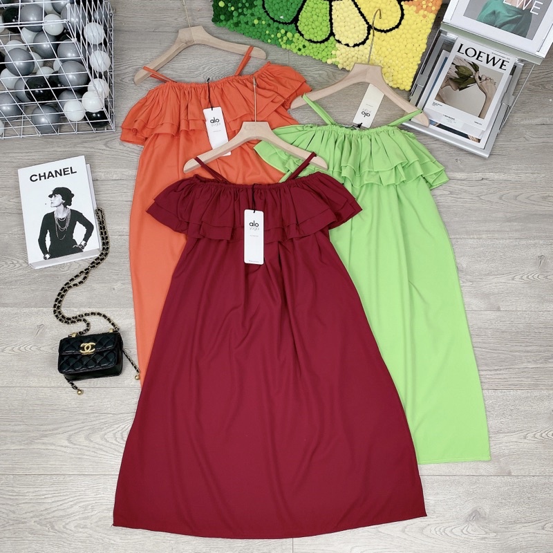Váy maxi trễ vai 2 dây cánh tiên ngang vai chun bèo dáng dài babydoll suông thụng xoè bệt vai