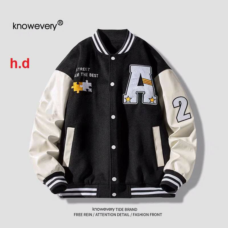 Áo Khoác Bomber A SAO cúc bấm nam nữJacket Unisex Chất nỉ vs gió Form &lt;55kgÁo Bóng Chày Phong cách Thể thao