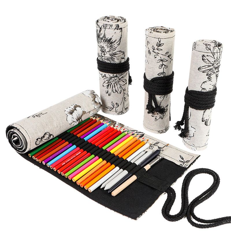 BTF Peony 12/24/36/48/72 Holes Canvas Roll Pen Curtain Pencil Bag Case Makeup Wrap Holder Storage Pouch School Supplies