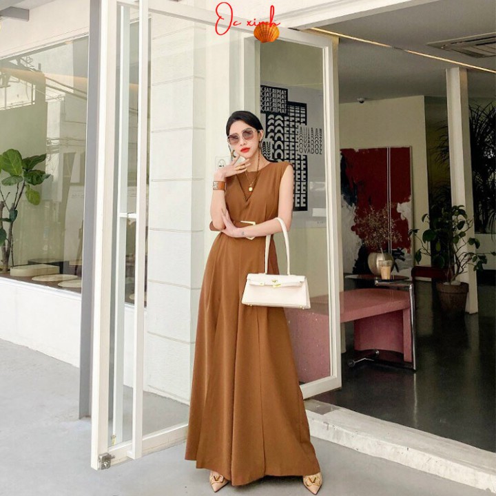 Jumpsuit dài ống rộng tôn dáng cao sang chảnh với màu cam đất xẻ tà