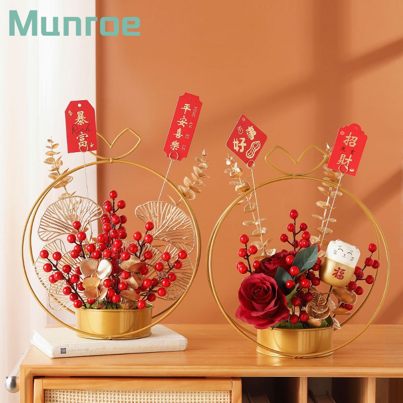 Chậu Hoa Giả Màu Đỏ Dùng Trang Trí Phòng Khách / Năm Mới