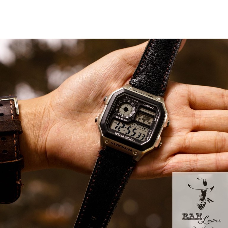 Dây đồng hồ da bò đen cao cấp RAM Leather cho casio 1200 , 1300 , 1000 và 18mm - tặng khóa chốt và cây thay dây