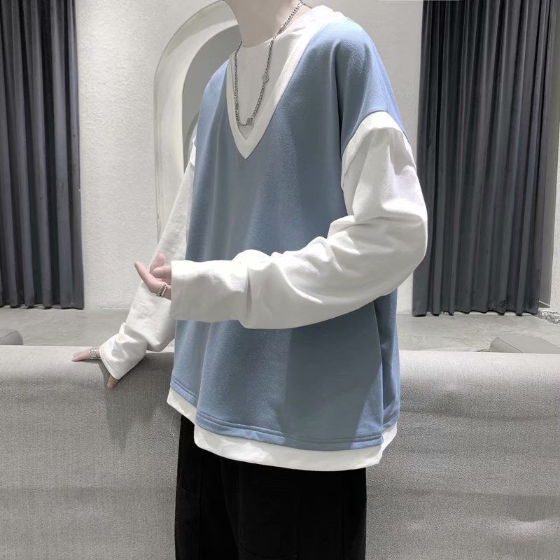 Áo Thun Tay Dài Giả Hai Lớp Dáng Rộng Phong Cách Harajuku Đường Phố Mùa Thu Cho Nam Cỡ S-3XL