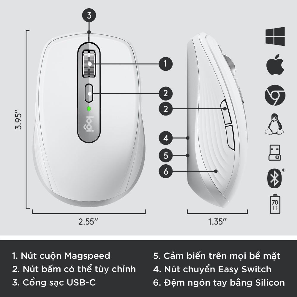 Chuột Logitech MX Anywhere 3 - Nhỏ gọn, pin sạc nhanh, Bluetooth & Receiver