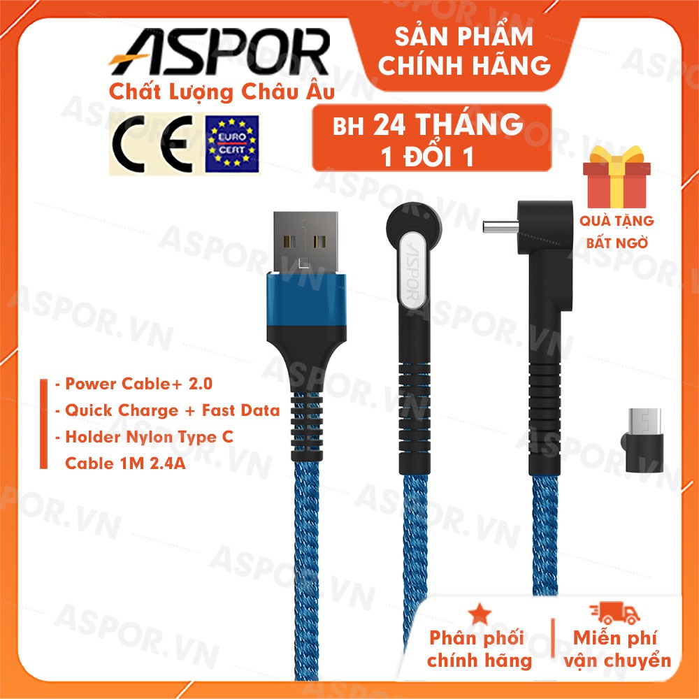 Cáp sạc ASPOR USB Type C sạc nhanh 2.4A dài 1m - A187