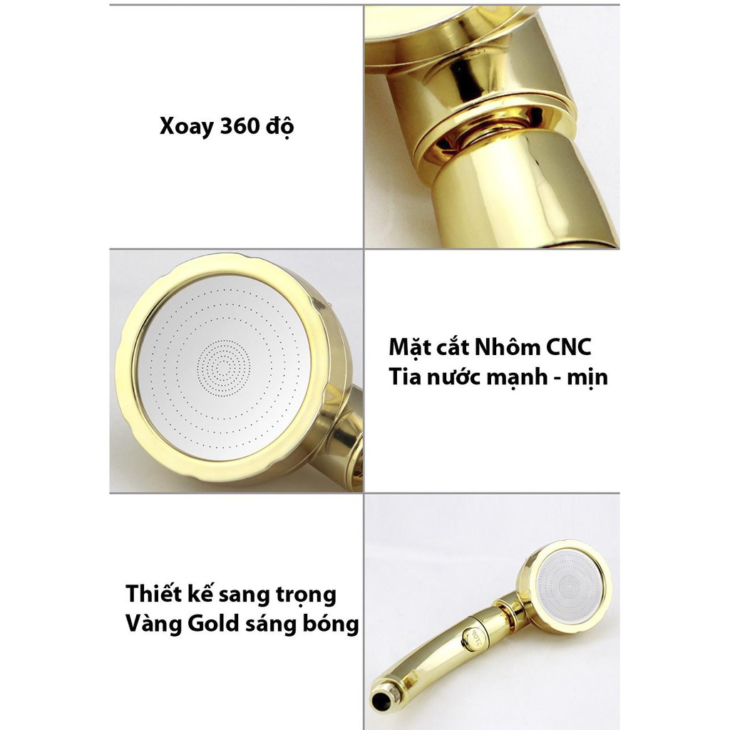 Vòi Sen Tăng áp Có Nút Khóa Nước 3 chế độ Phun, Xoay 360 độ Hàng Xịn - Vàng Gold SSA329