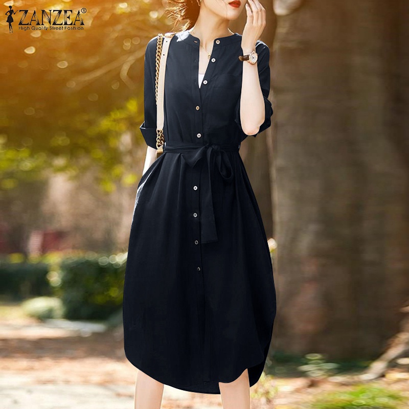 Đầm ZANZEA tay 3/4 cổ bẻ dáng rộng có túi hai bên thời trang dành cho bạn nữ