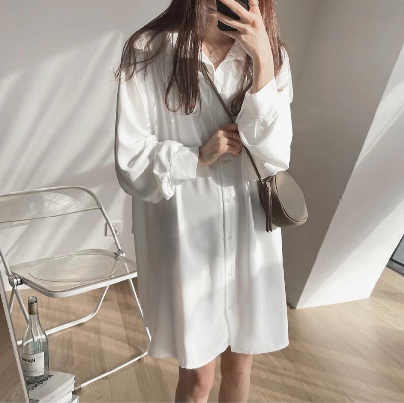 SUXI Đầm Sơ Mi Trắng Dài Tay Phong Cách Hàn Quốc Dành Cho Nữ